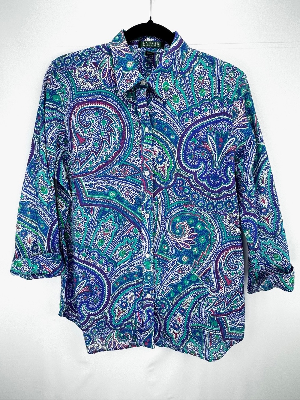 Lauren Ralph Lauren Blue & Green Paisley Button-Down Shirt - 3/4 Sleeves